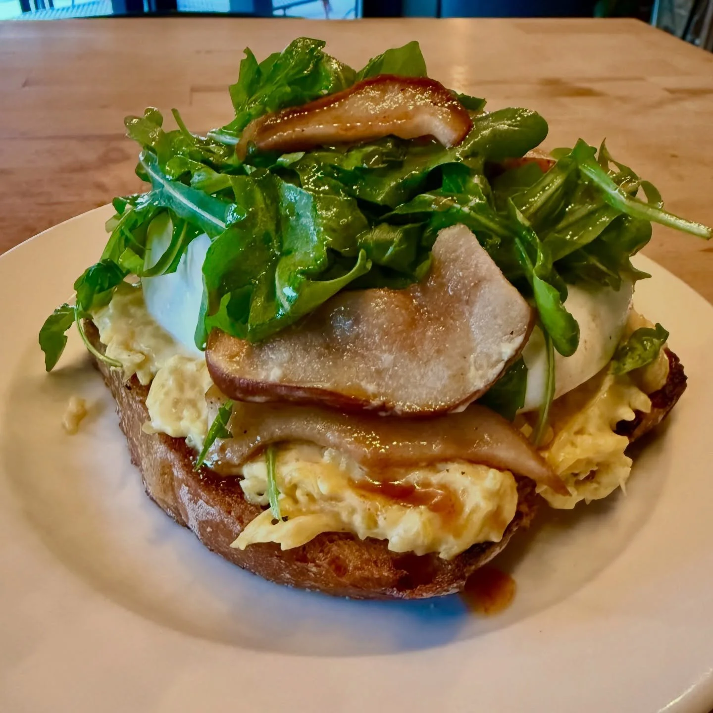 Back on the menu!  Wisconsin burrata, spaghetti squash, roasted pears, arugula, apple cider reduction on sourdough toast.  Available noon - close!