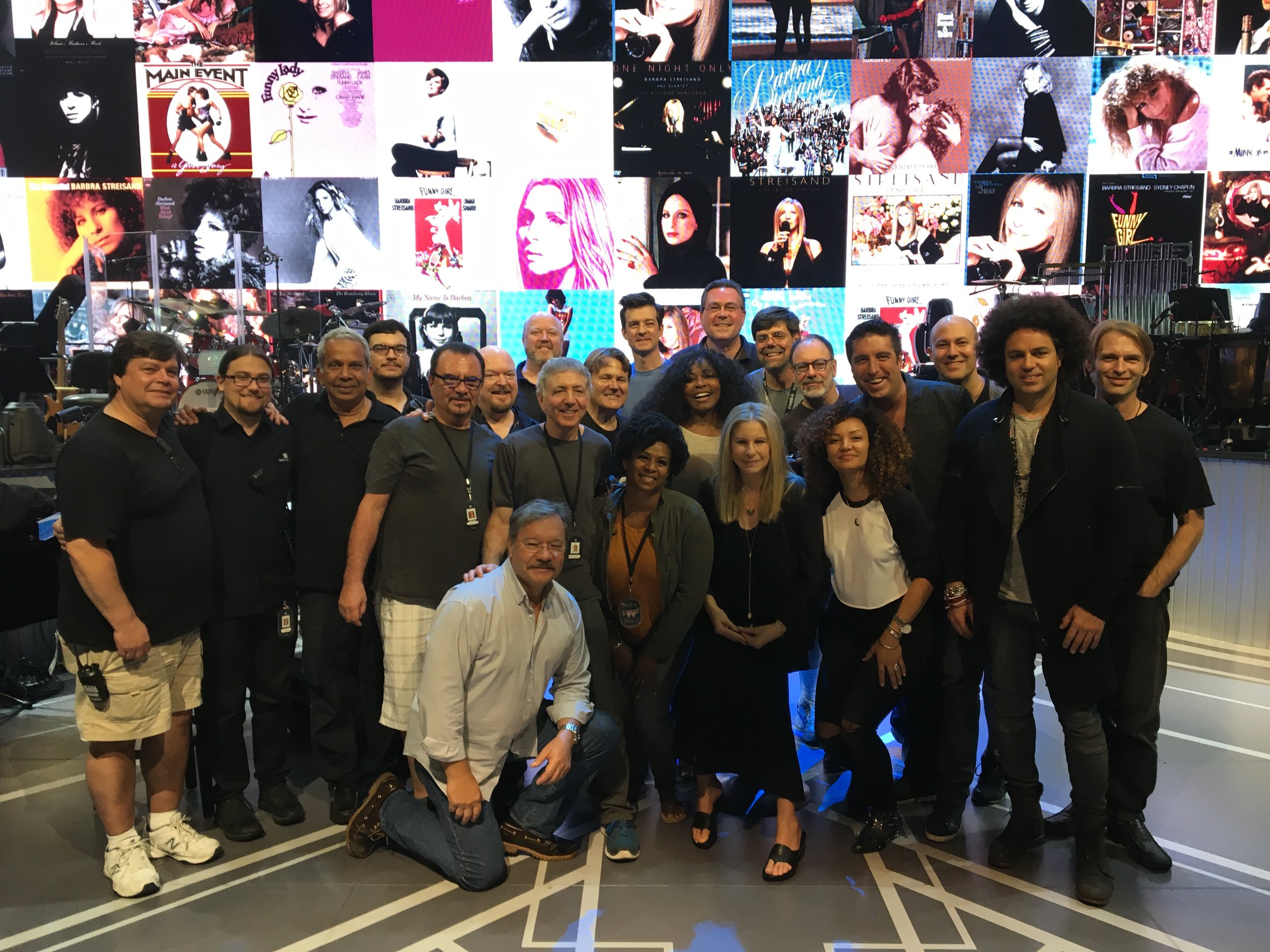 Empty Road Audio Owner/Engineer Victor Goizueta (4th from the left) with the audio crew, backline, band, and Barbra Streisand.