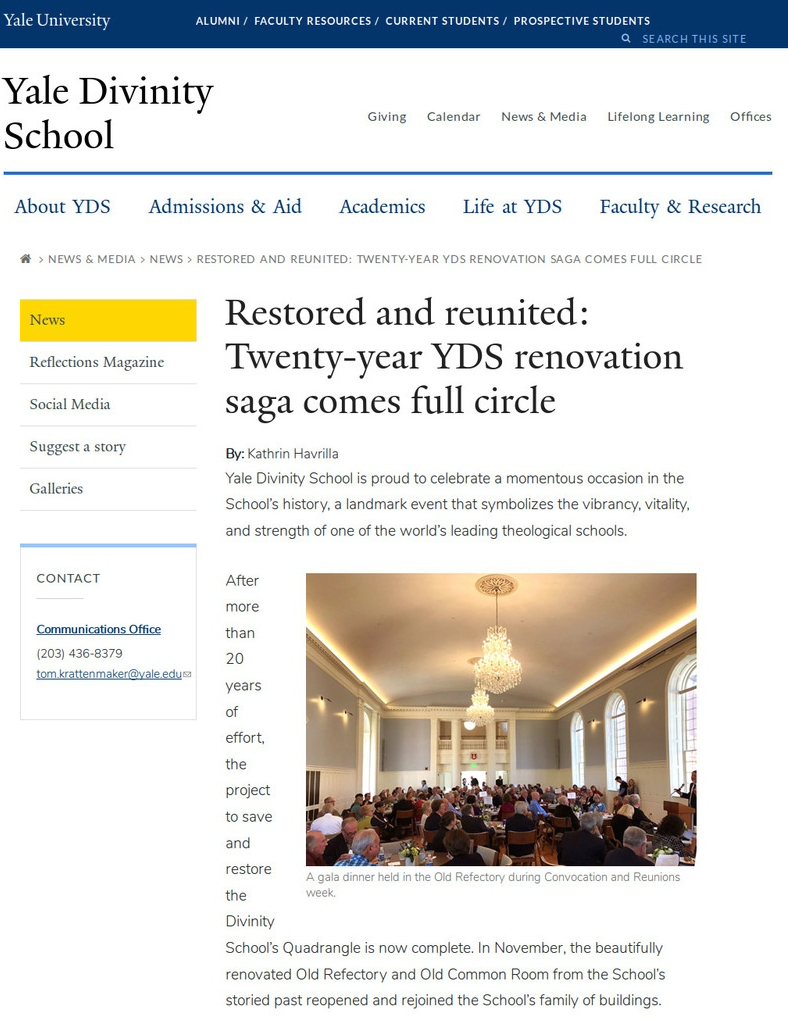 Yale Divinity School article on historic restoration on campus