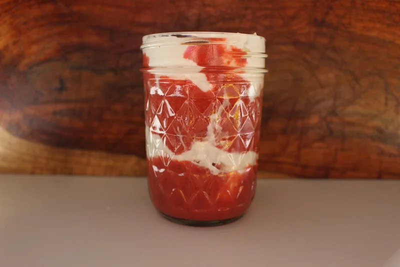 Roasted strawberry puree with yogurt. #meandthemoose #roastedstrawberryyogurt #yogurt #strawberries