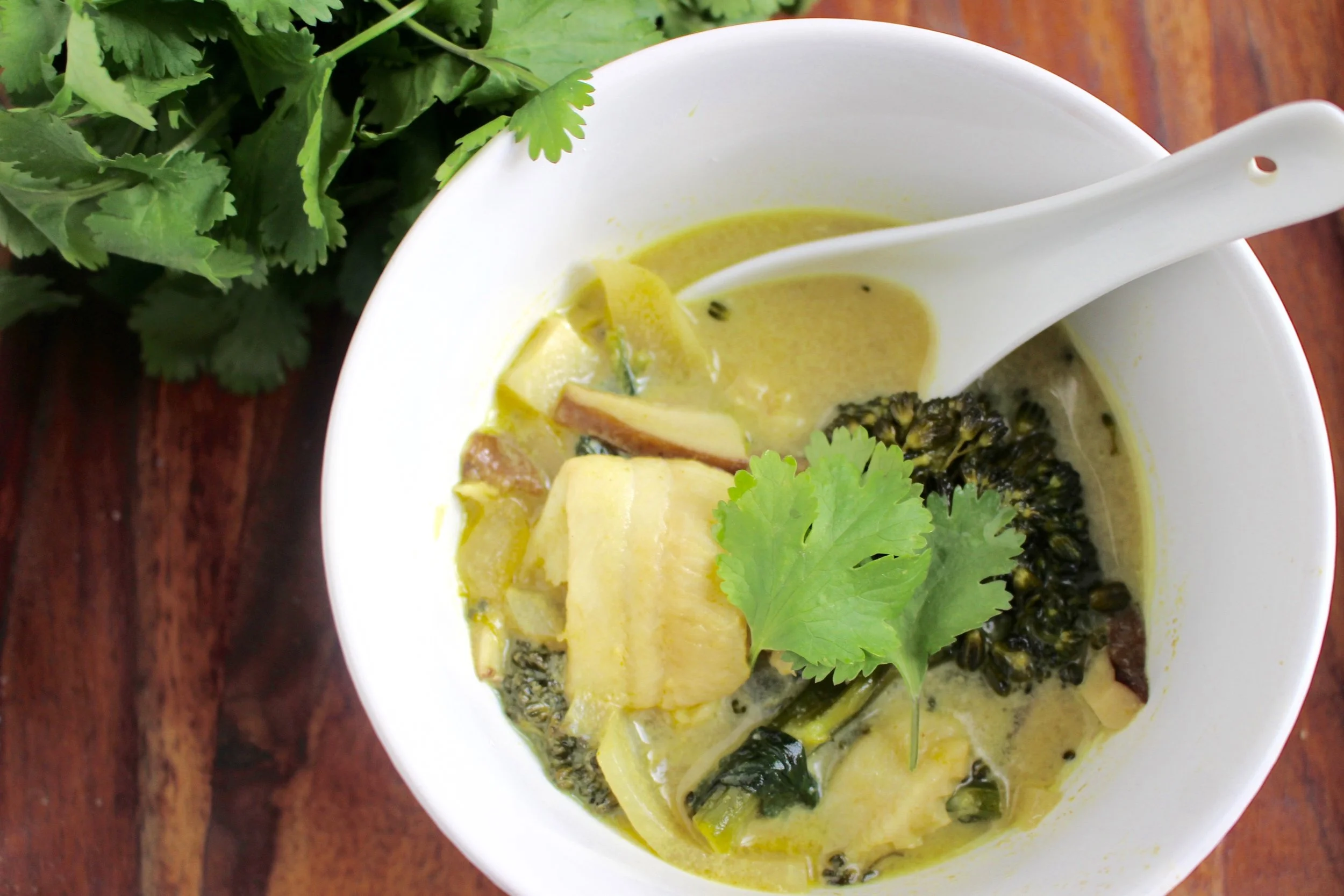 Green curry fish stew | Me & The Moose. Bottled green curry makes quick work of this tasty Thai-inspired stew that’s chock full of fish and veggies. #meandthemoose #Thaicurry #healthymeals #whole30 #whole30recipes #onepotmeals #dinnerrecipes