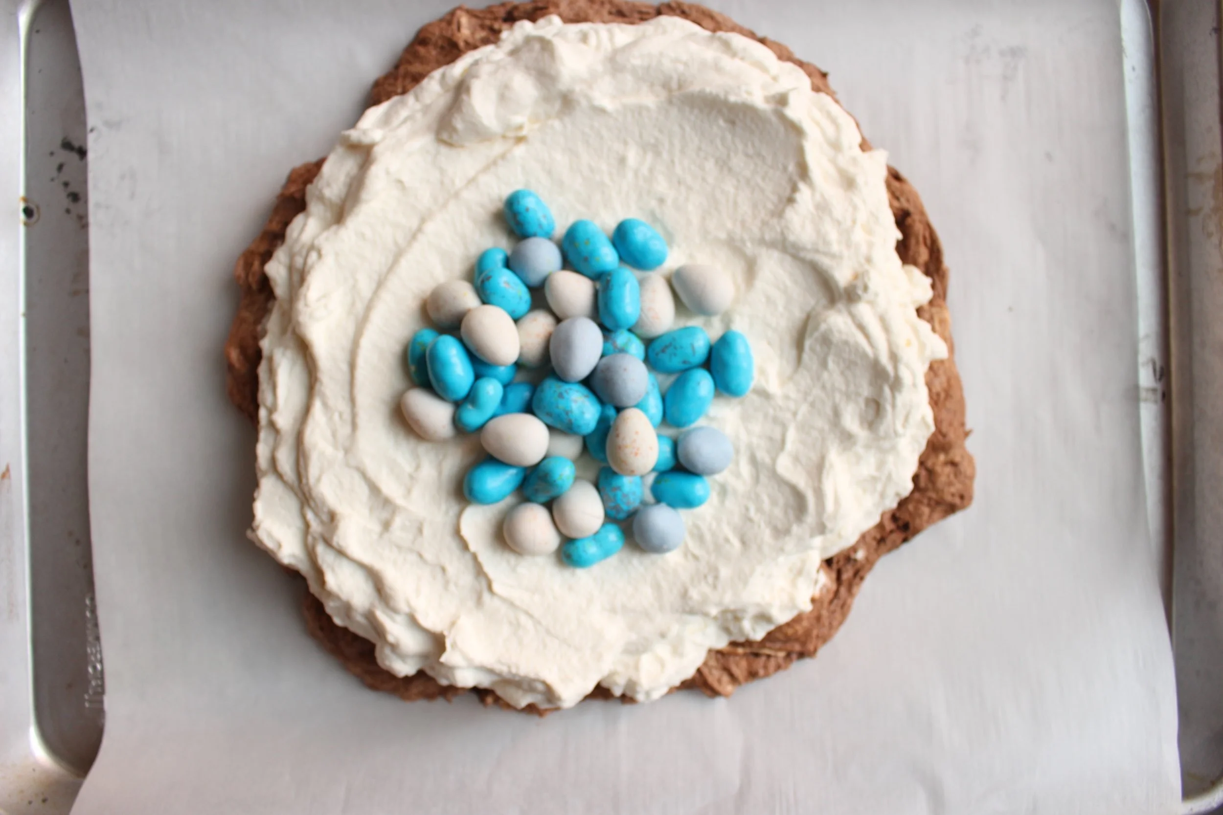 Malted Chocolate Pavlova | Me & The Moose. This Malted Chocolate Pavlova is an easy showstopper dessert for Easter, Passover, or any celebration. #meandthemoose #chocolate #chocolatedesserts #chocolaterecipes #pavlovarecipe #chocolatepavlova #maltedchocolatepavlova