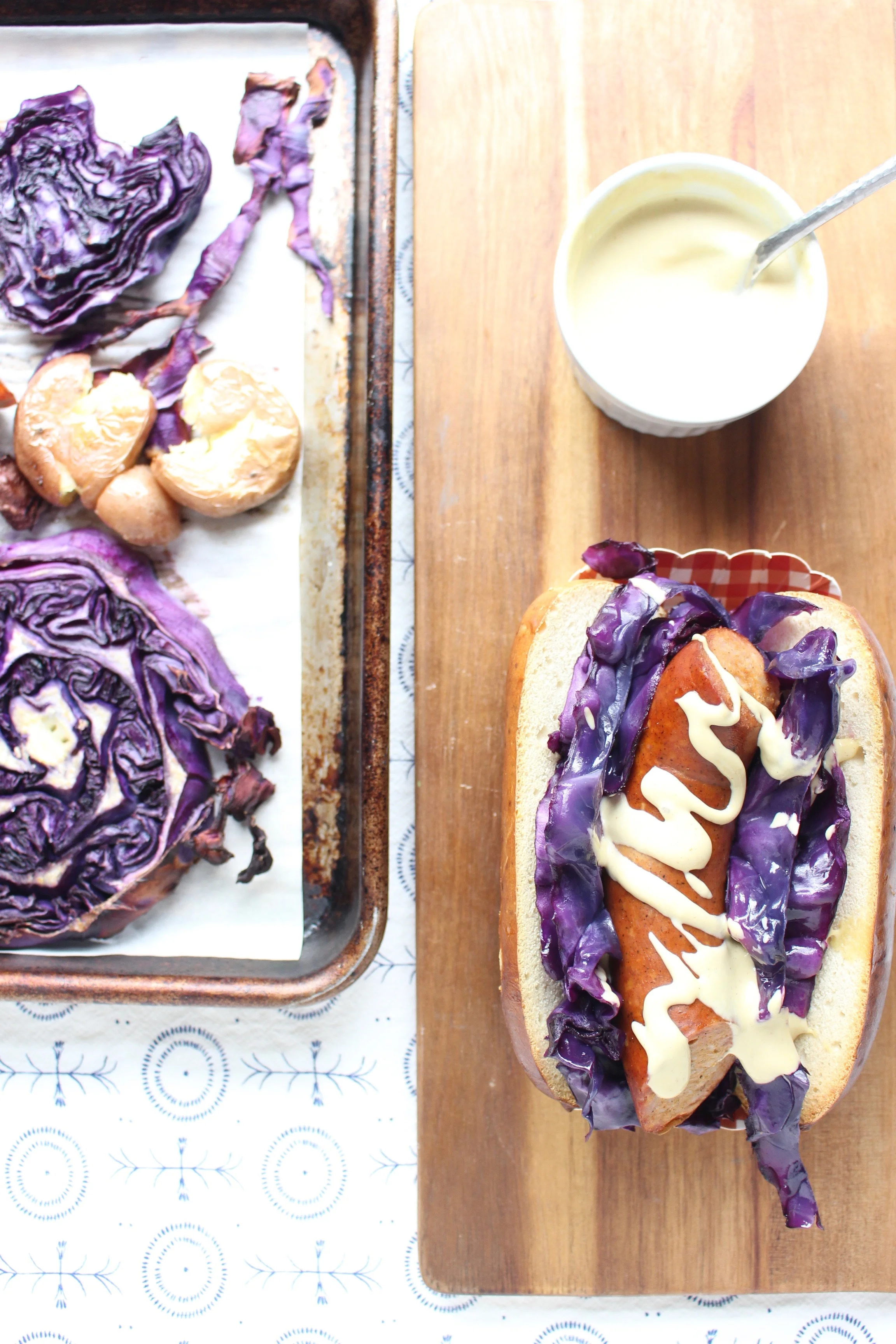 Sheet pan dinners are the fastest, easiest way to get dinner on the table and clean up done quickly. #meandthemoose #sheetpandinner #purplecabbage #sausage #potatoes #Oktoberfest