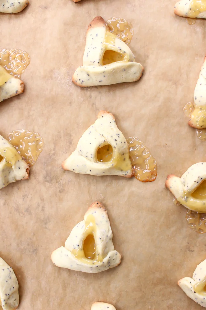 Lemon poppyseed hamantaschen | Me & The Moose. These hamantaschen are a twist on a classic and a quick-cooking spring-y cookie. #meandthemoose #hamantaschen #lemonpoppyseed #cookies #cookierecipes #purim #Jewishrecipes #baking #easybaking