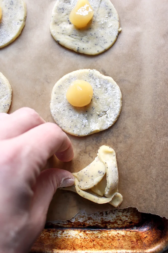 Lemon poppyseed hamantaschen | Me & The Moose. These hamantaschen are a twist on a classic and a quick-cooking spring-y cookie. #meandthemoose #hamantaschen #lemonpoppyseed #cookies #cookierecipes #purim #Jewishrecipes #baking #easybaking