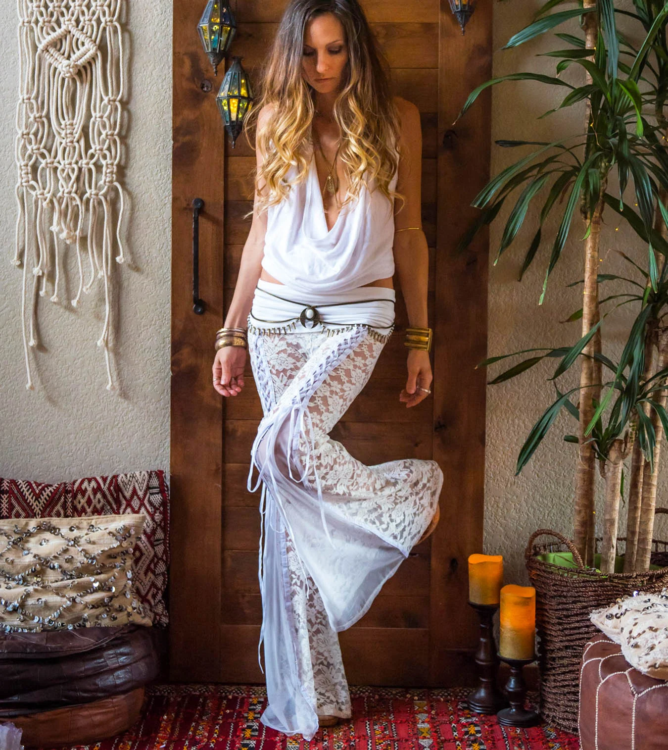white lace bell bottom pants