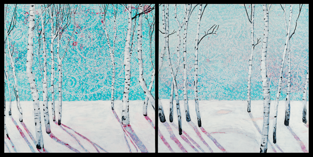 "Adorn Snow", an acrylic on patterned paper/canvas diptych by Lynn Van De Water, will be in the Salida Artists group show featured at the March Creative Mixer.