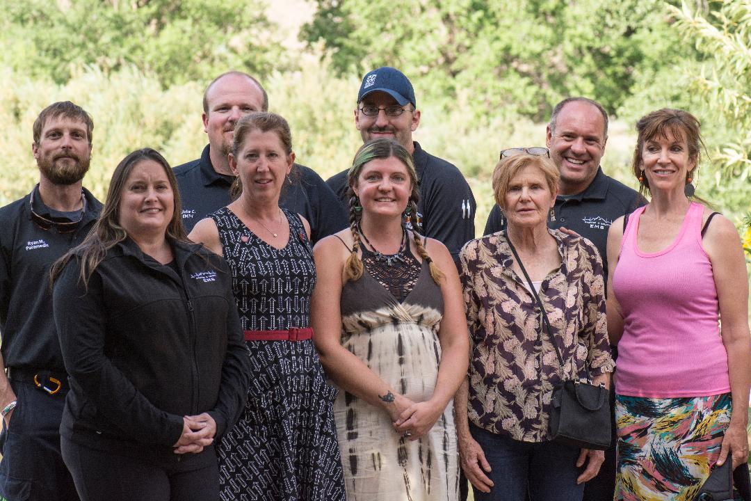 PHOTO - Taken at SCFTA Creative Mixer on 7/12/18 Front Row (Left to Right): Angela Welborn (grant recipient on behalf of Chaffee County EMS), Devon Kasper (grant recipient), Jessie Miller (SCFTA Board Member, Chair of Community Grants Committee), Merry Cox (grant recipient), Jennifer Dempsey (grant recipient on behalf of Red Noses Palestine) Back Row: Chaffee County EMS Team Members (back row of photo): FP-C Ryan Mason, ALS Intermediate Jake Chamberlain, Shift Supervisor Jason Anderson, and Paramedic/Director Josh Hadley