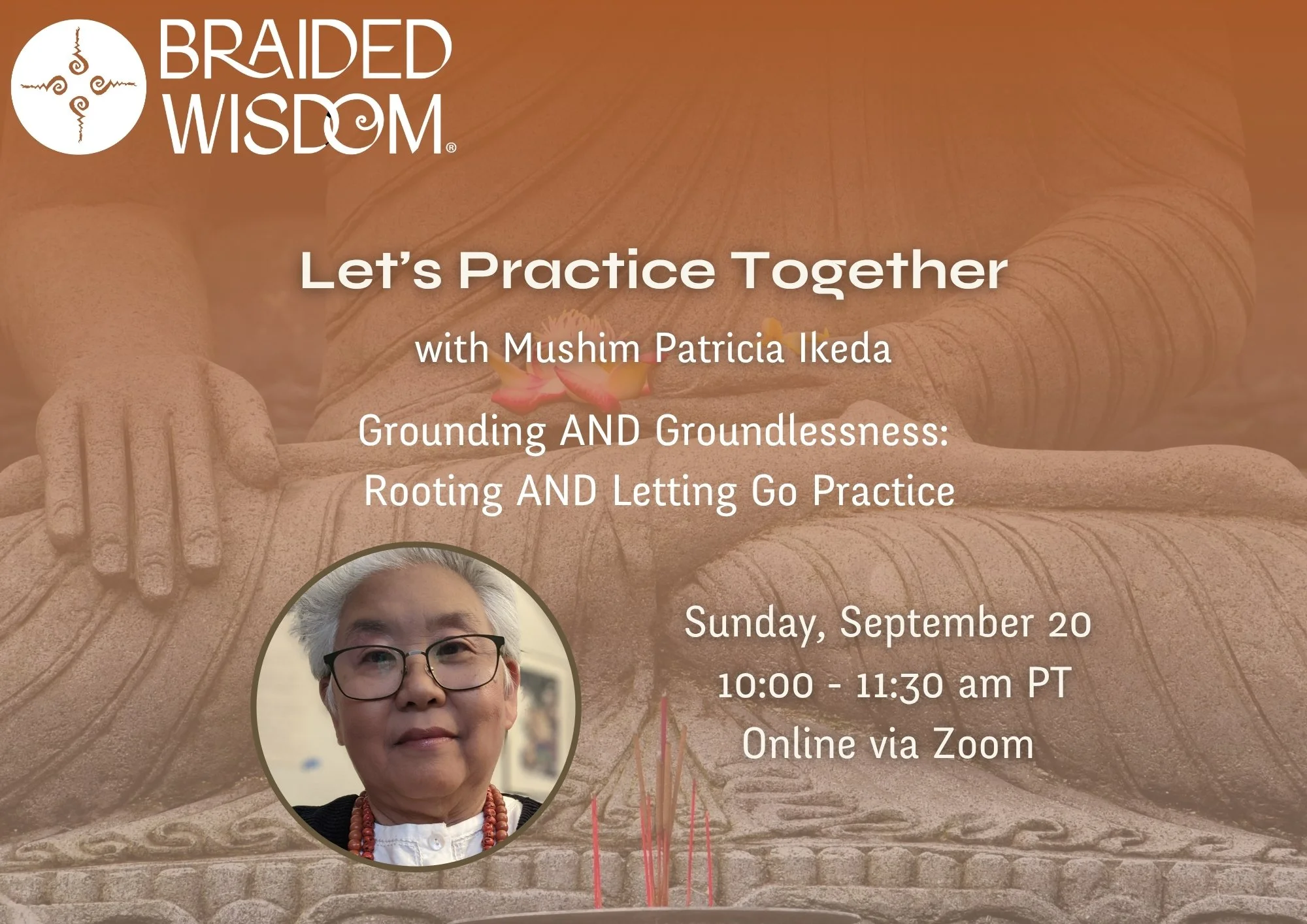 Small photo of Mushim Ikeda against a background of the seated Buddha statue