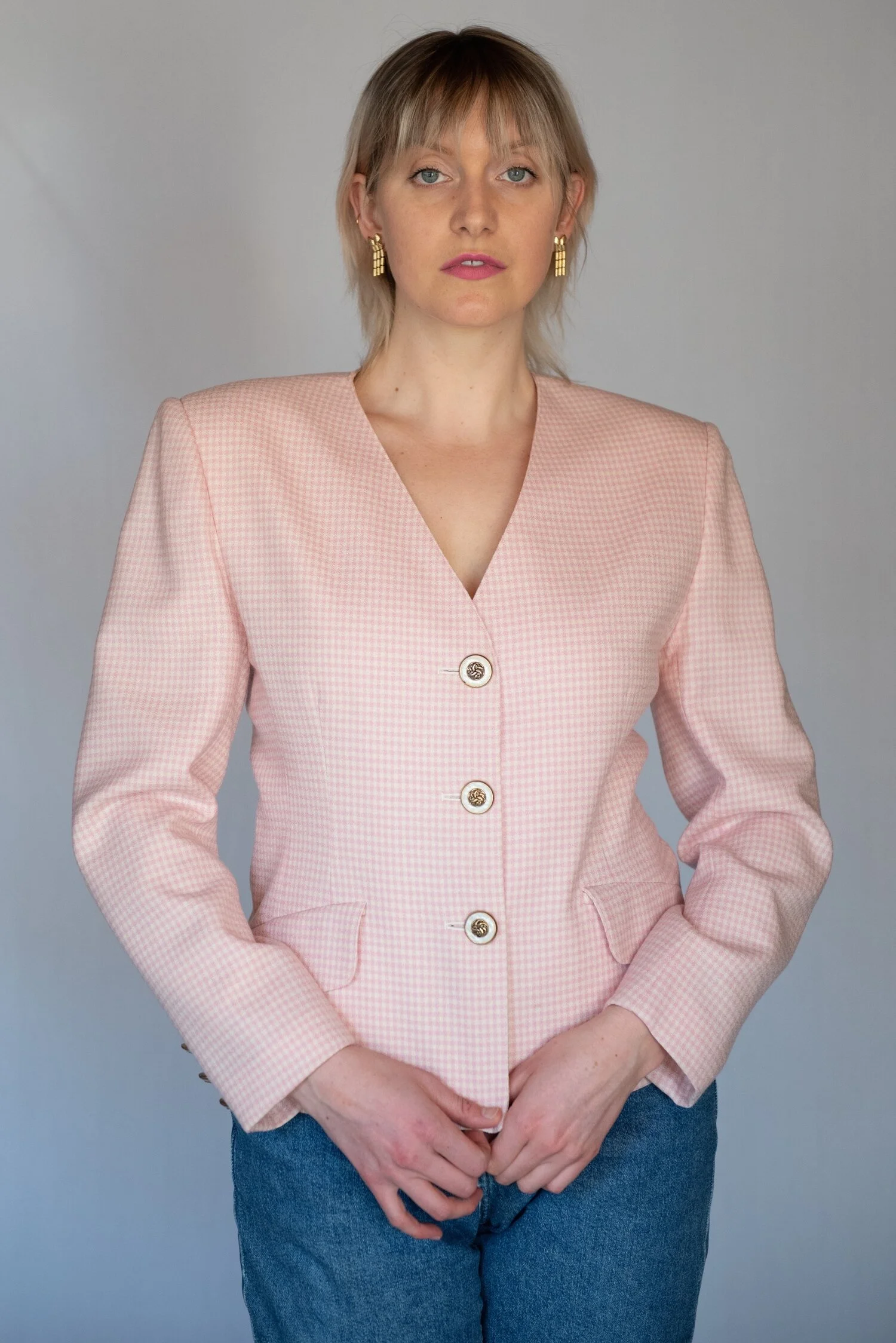 pink check blazer
