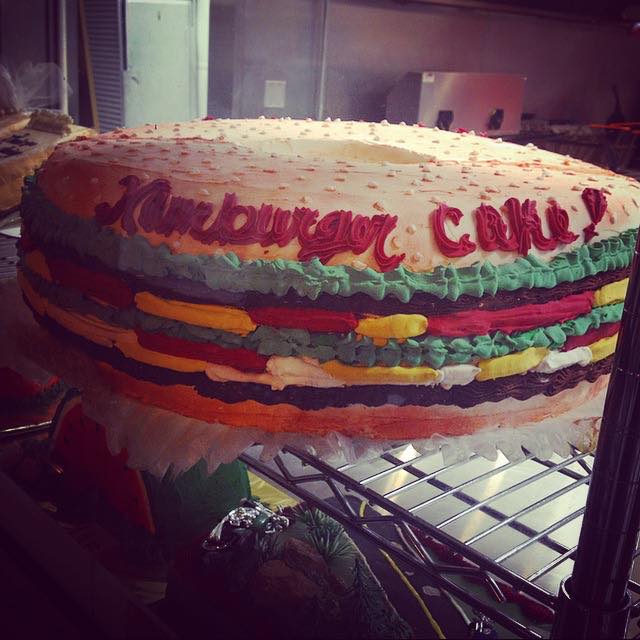 The random burger cake we found in a bakery window the first night walking around Oakland. ???
