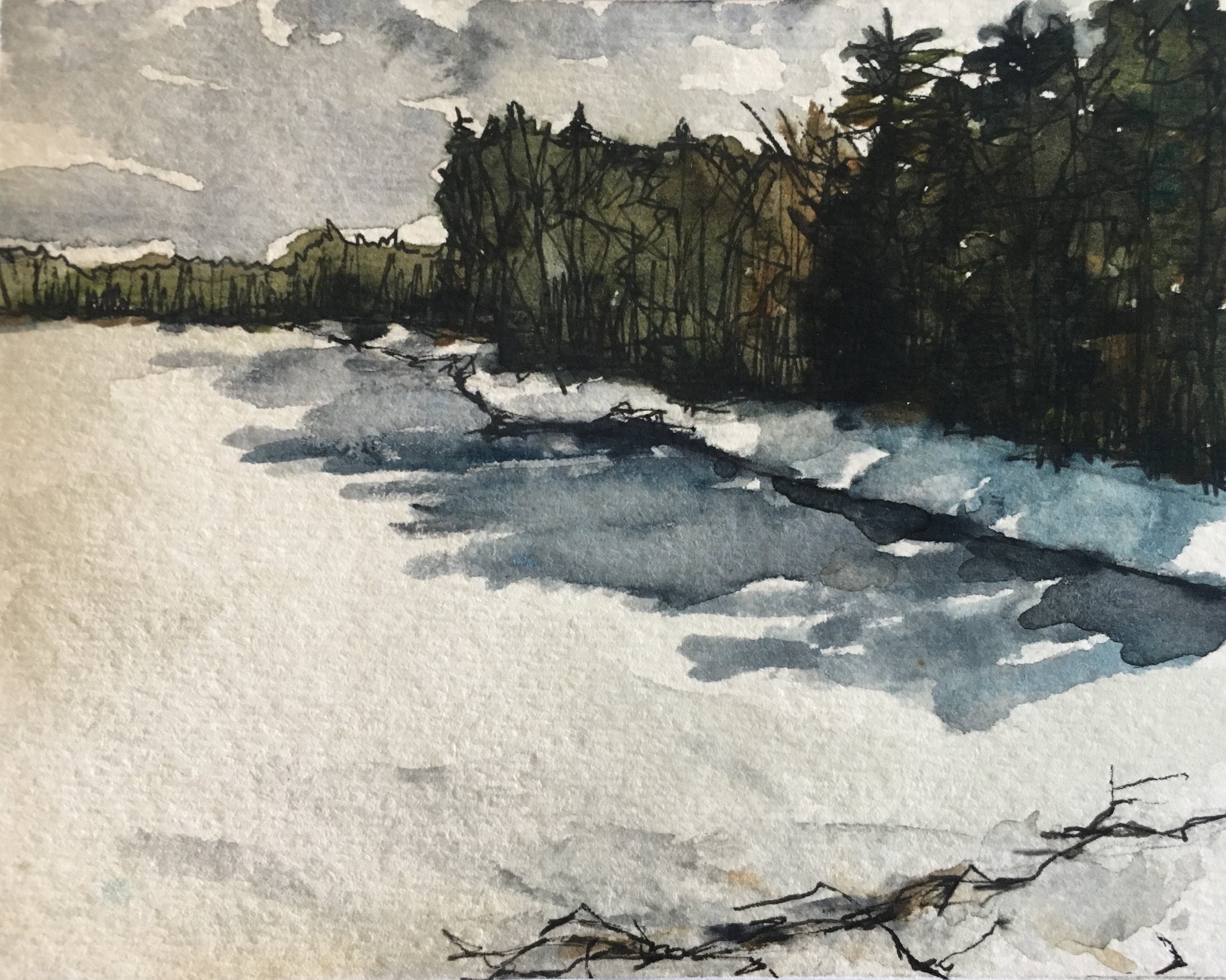   Winter at Walden Pond, pt 1,  Watercolor and Ink on Paper, 2017 