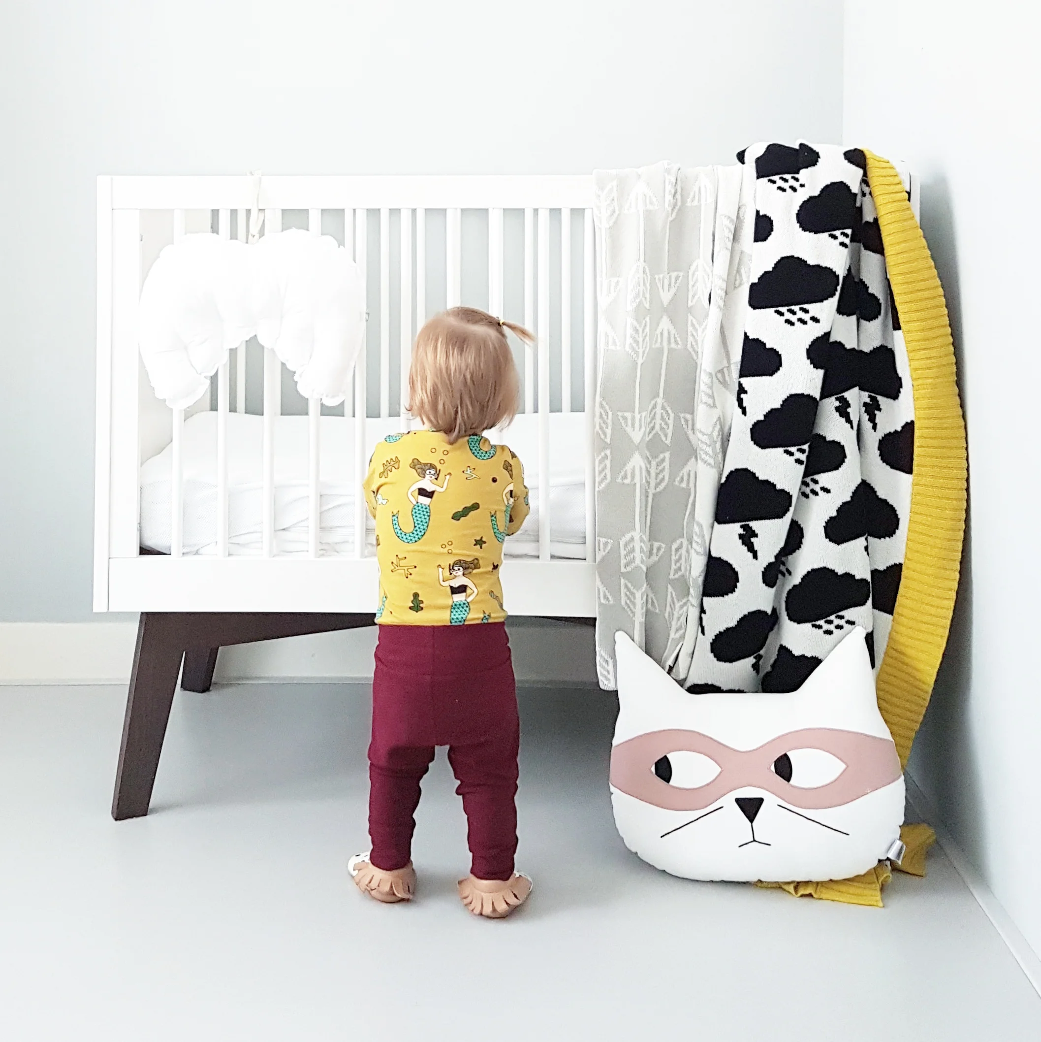 White Cat Cushion with Dusky Pink Mask