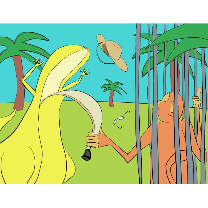 Banana-dinosaur-attacked-while-on-safari-from-monkey-in-cage-funny-cute-smart-nyc-digital-art-print-real-weird-art-by-joey-allgood.png