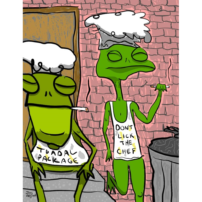 frog-chefs-sitting-on-stoop-and-smoking-outside-in-alley-while-on-break-funny-cute-smart-nyc-digital-art-print-real-weird-art-by-joey-allgood.png