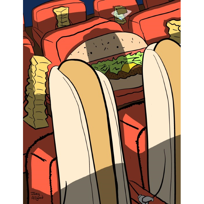 hamburger-at-movie-theater-is-blocked-by-tall-hot-dogs-in-front-row-funny-cute-smart-nyc-digital-art-print-real-weird-art-by-joey-allgood.png