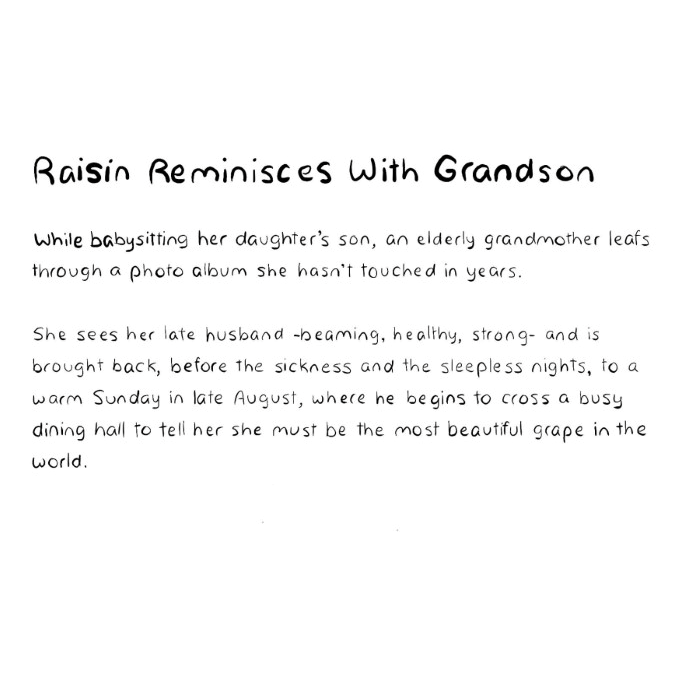 Raisin-sits-with-grape-on-couch-and-looks-back-on-life-with-late-husband-while-looking-at-photos-description-card-funny-cute-smart-nyc-digital-art-print-real-weird-art-by-joey-allgood.png