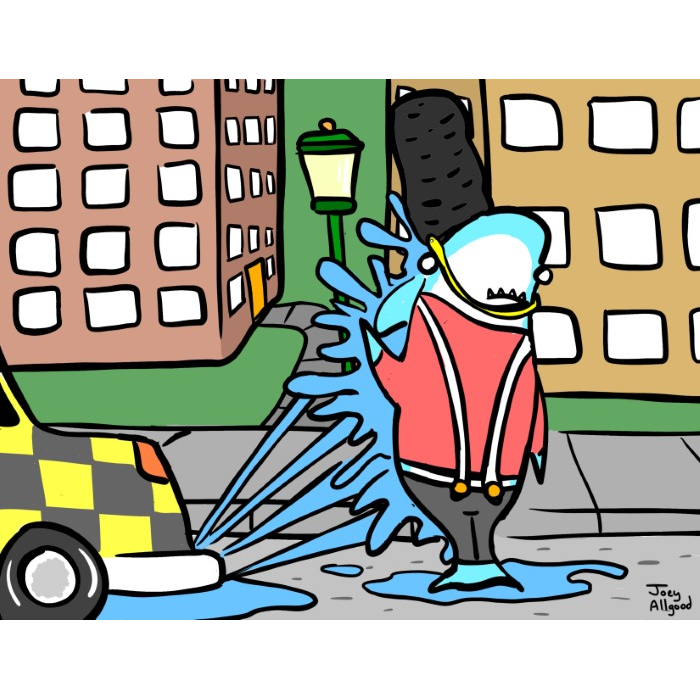 Shark-dressed-as-british-guard-with-poor-ride-share-reviews-splashed-by-taxi-image-funny-cute-smart-nyc-digital-art-print-real-weird-art-by-joey-allgood.png