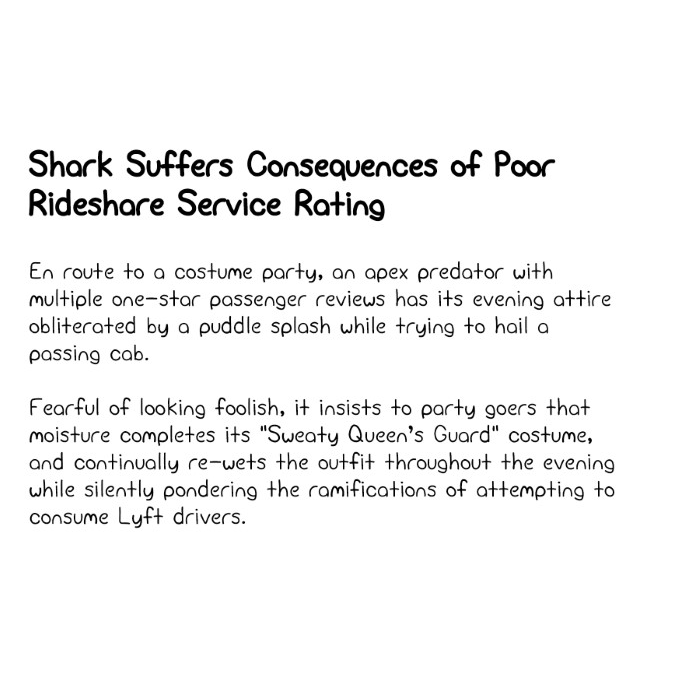 Shark-dressed-as-british-guard-with-poor-ride-share-reviews-splashed-by-taxi-description-card-funny-cute-smart-nyc-digital-art-print-real-weird-art-by-joey-allgood.png