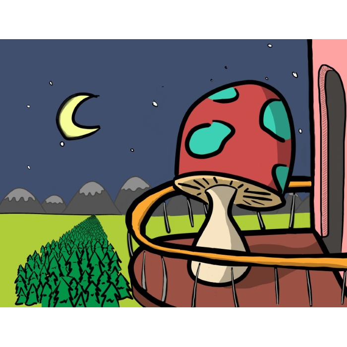 mushroom-on-balcony-stares-at-large-gathering-of-pine-trees-who-have-gathered-at-night-image-funny-cute-smart-nyc-digital-art-print-real-weird-art-by-joey-allgood.png