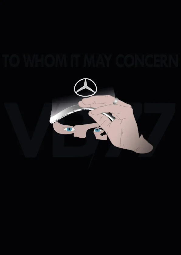 Personal project in A3 size, based on a picture taken of F1 driver Valtteri Bottas at the 2019 Australian GP, where he let out a particularly on-the-nose radio message upon achieving victory. I wanted to try and capture Bottas emerging from the shadows with a determined look. His message is barely visible in the background along with his logo.