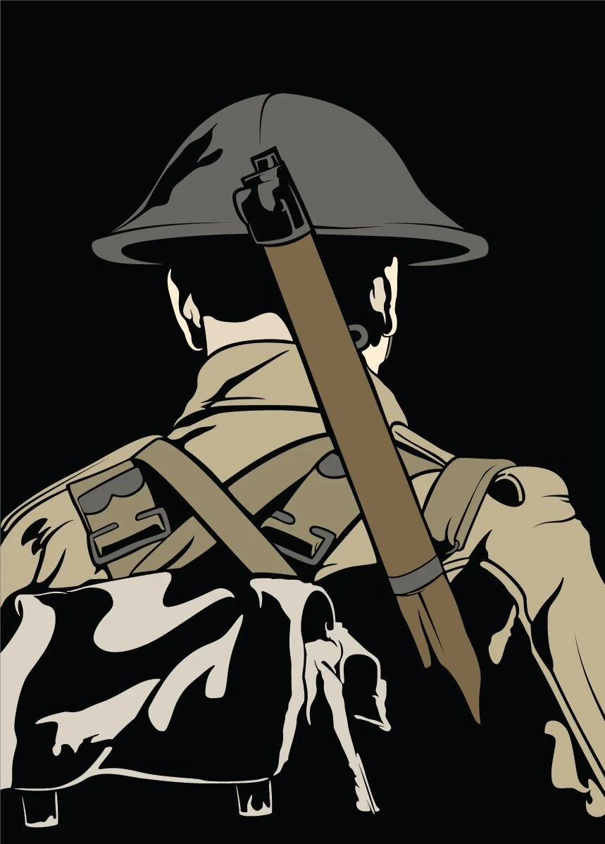 Vectorized from a picture of a WW1 reenactor. A3-sized poster design and practice work to learn more about the different ways of shading and detailing without the use of meshes or gradient colours.