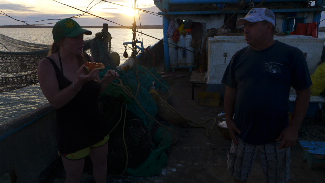 Me, on the shrimp boat, eating camarones a la diabla .