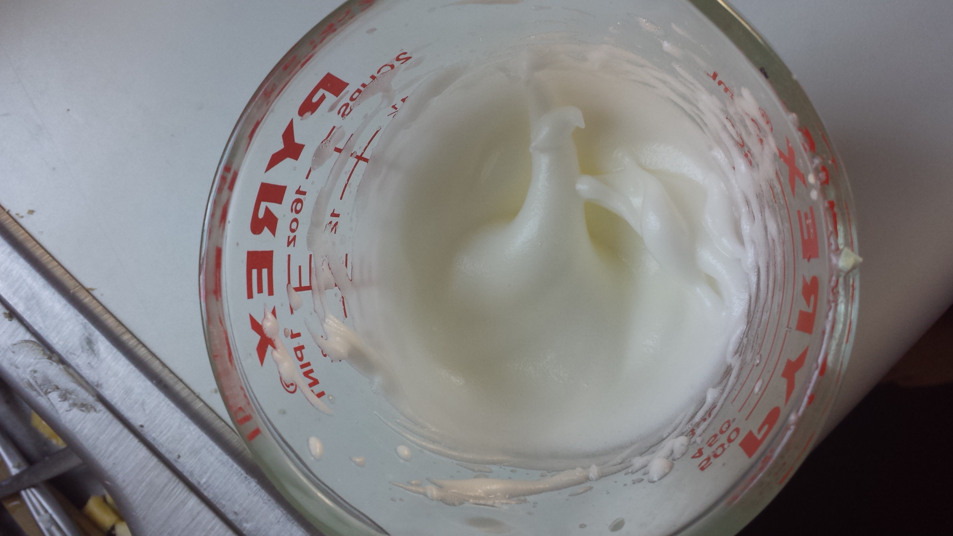 This is what hard peaks looks like. Also, this is the type of measuring cup that I recommend for whipping the whites.
