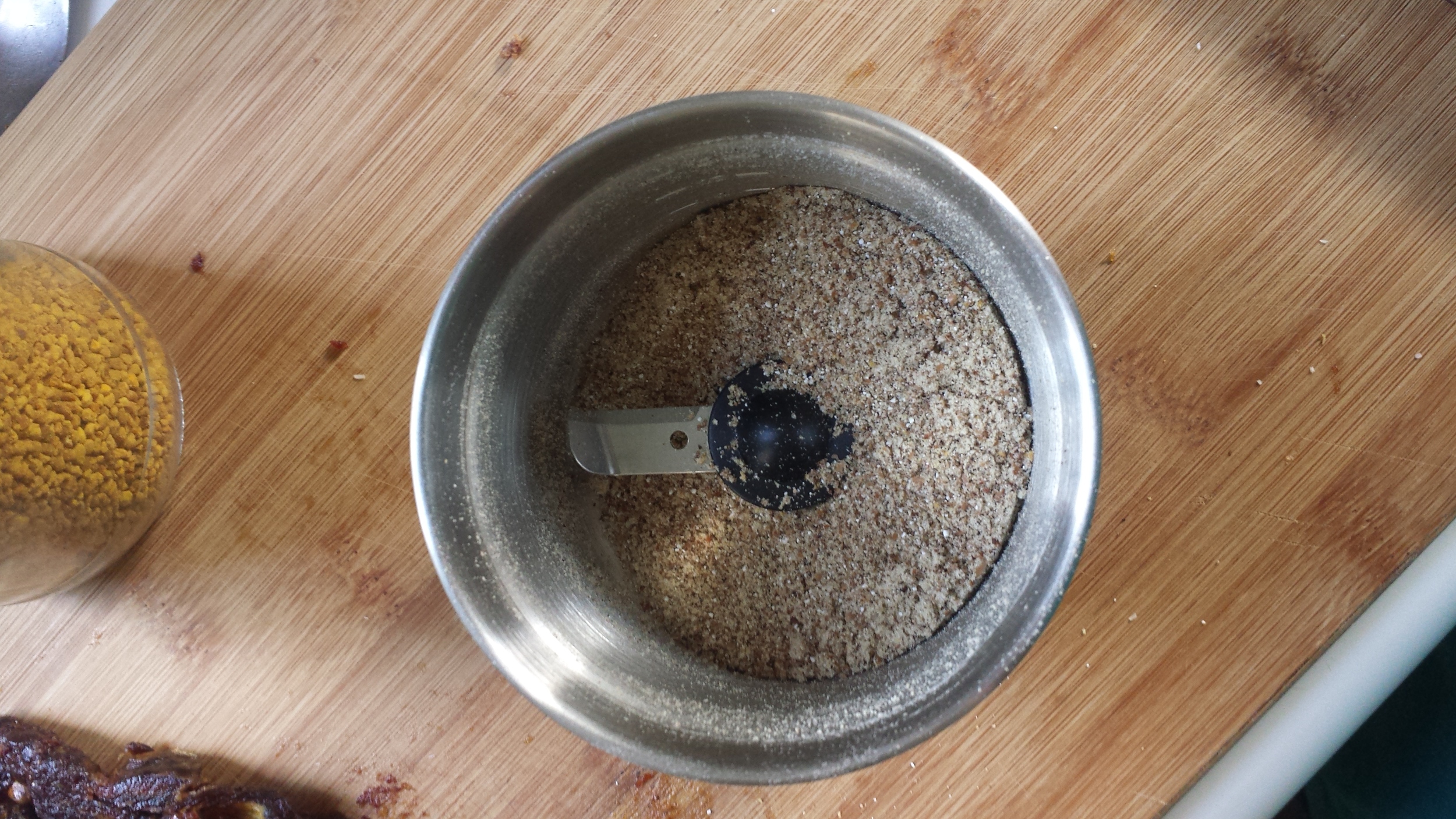 Quinoa adds a bit of protein, flax seeds have omega 3's plus help bind everything and bee pollen is one of those super foods. 