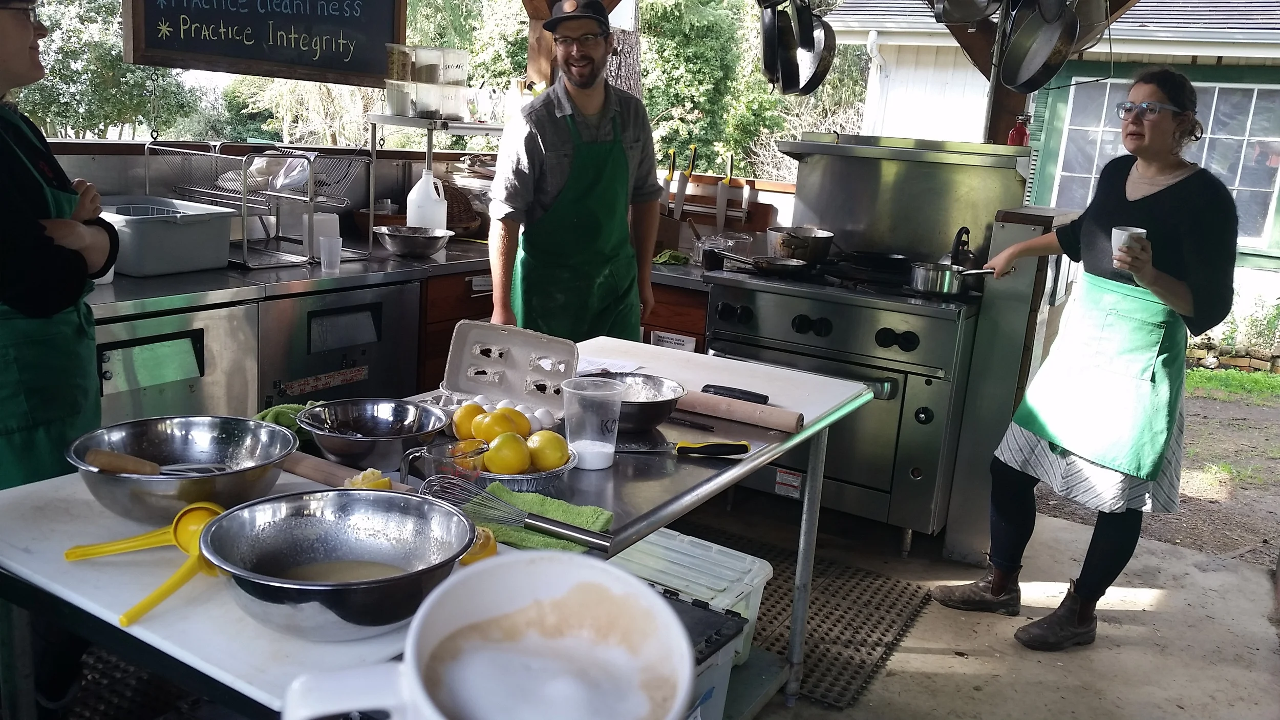 The Pie Ranch team enjoys fresh goat milk latte's made by Chef David on the stove. 