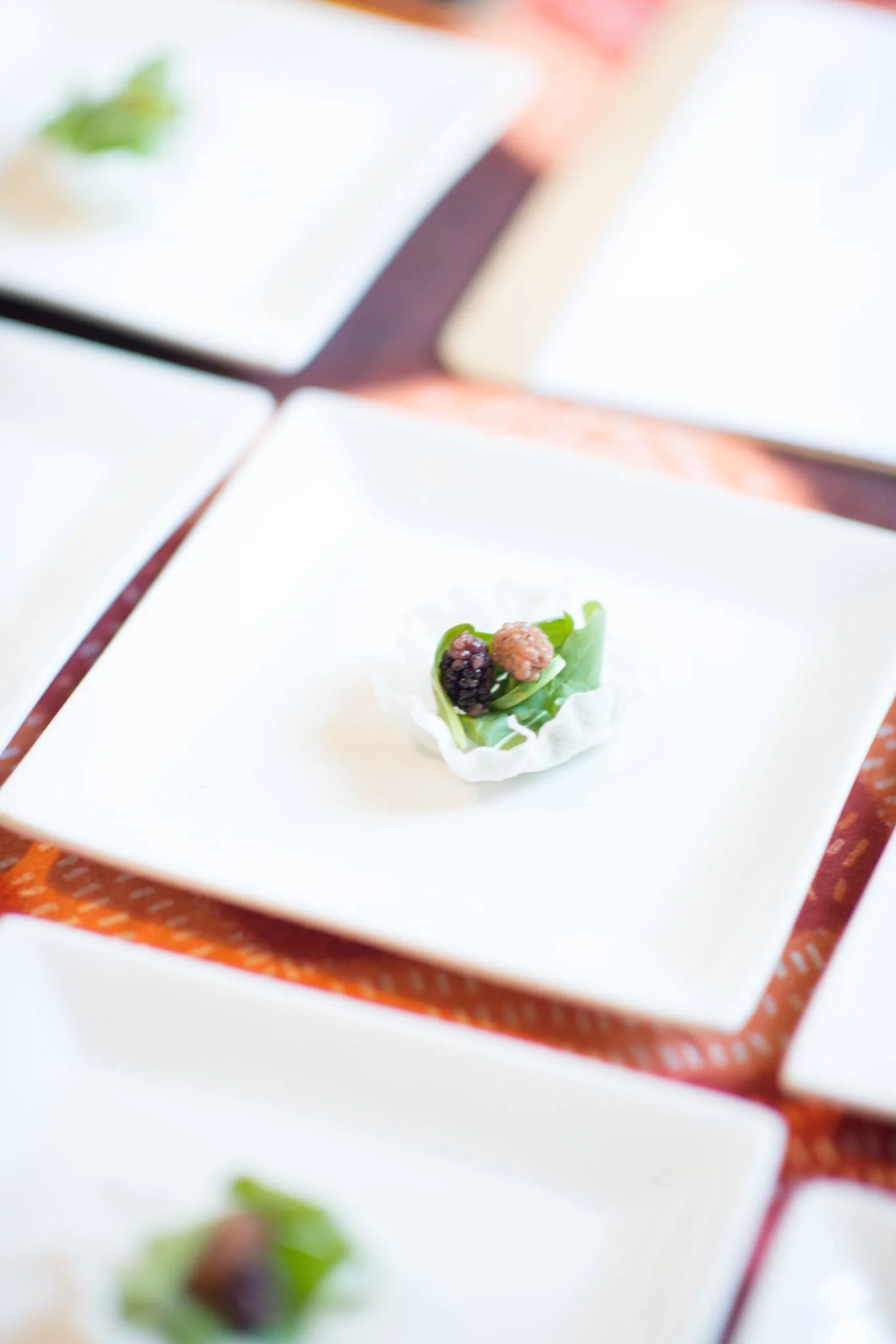 The Amuse Bouche of our Botanical Imperialism Curated Feast, a pickled mulberry on rice puff with arugula. Photo courtesy of Victoria Smith
