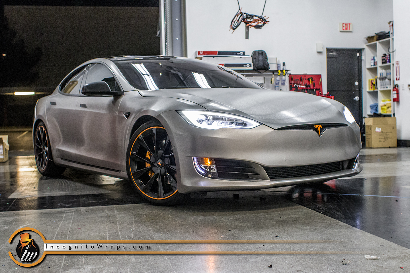 Tesla Model S - Brushed Titanium with Orange Accents — Incognito Wraps