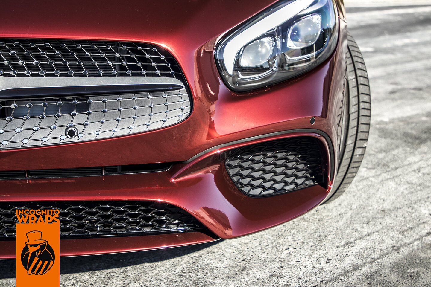 2020 Mercedes SL500 wrapped in Custom Made Deep Red Chrome