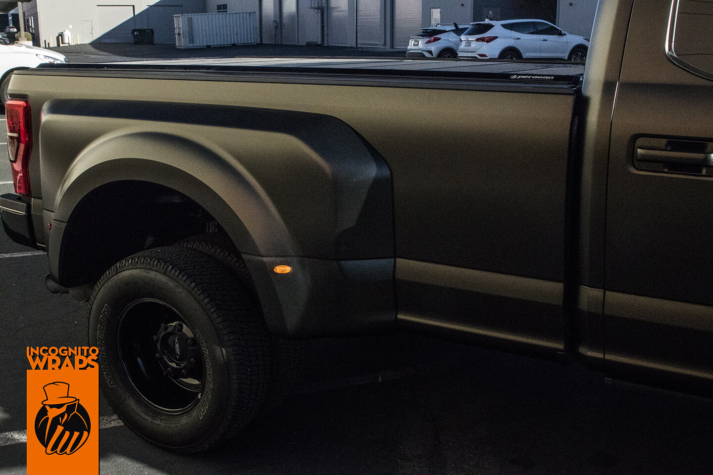 Ford F350 Dually wrapped in 3M Satin Gold Dust Black