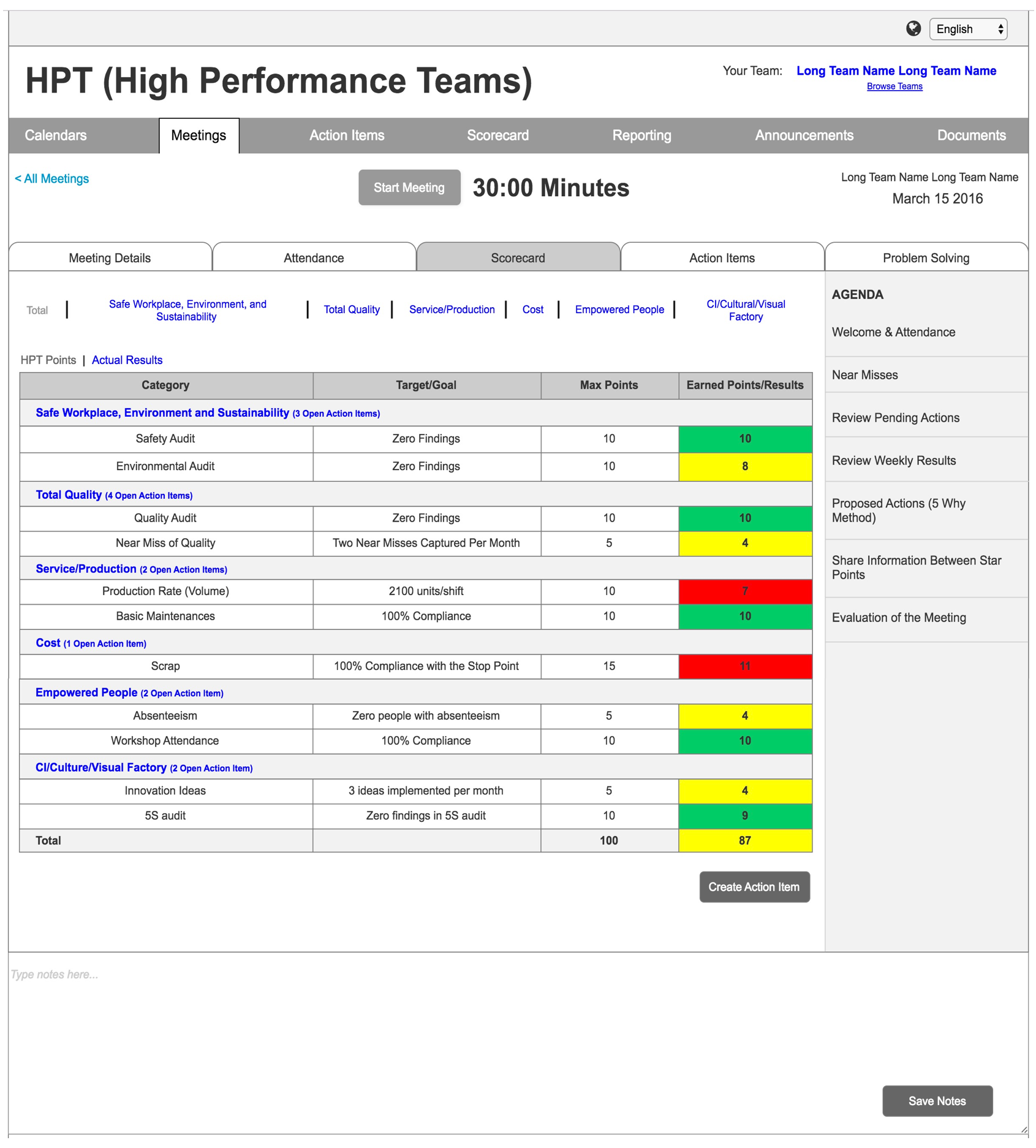 Scorecard Wireframe - It was important for HPTs to be able to quickly reference their scorecard during meetings to form action items based on their weekly performance. This scorecard allows for team members to see their total score across all categories at a glance and see a more detailed breakdown of each category if they choose to do so. 