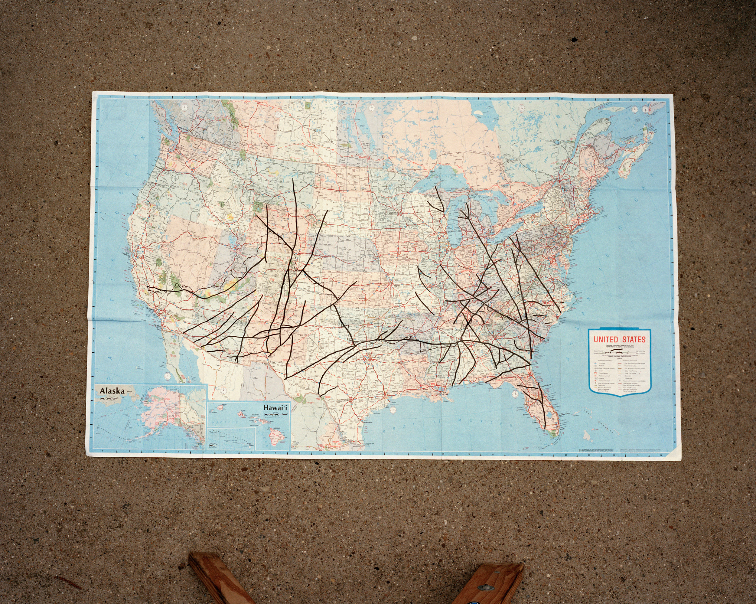 Untitled. Ink on map. 19 x 32 inches. 2014.
