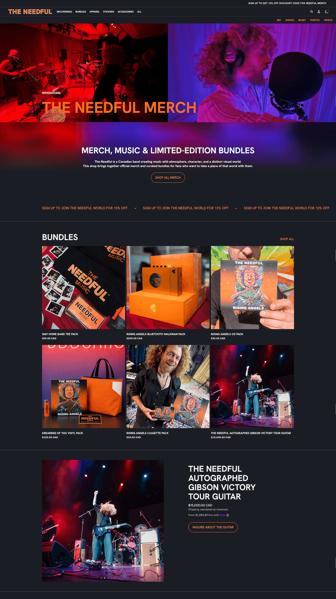 Canadian indie band The Needful's merch homepage