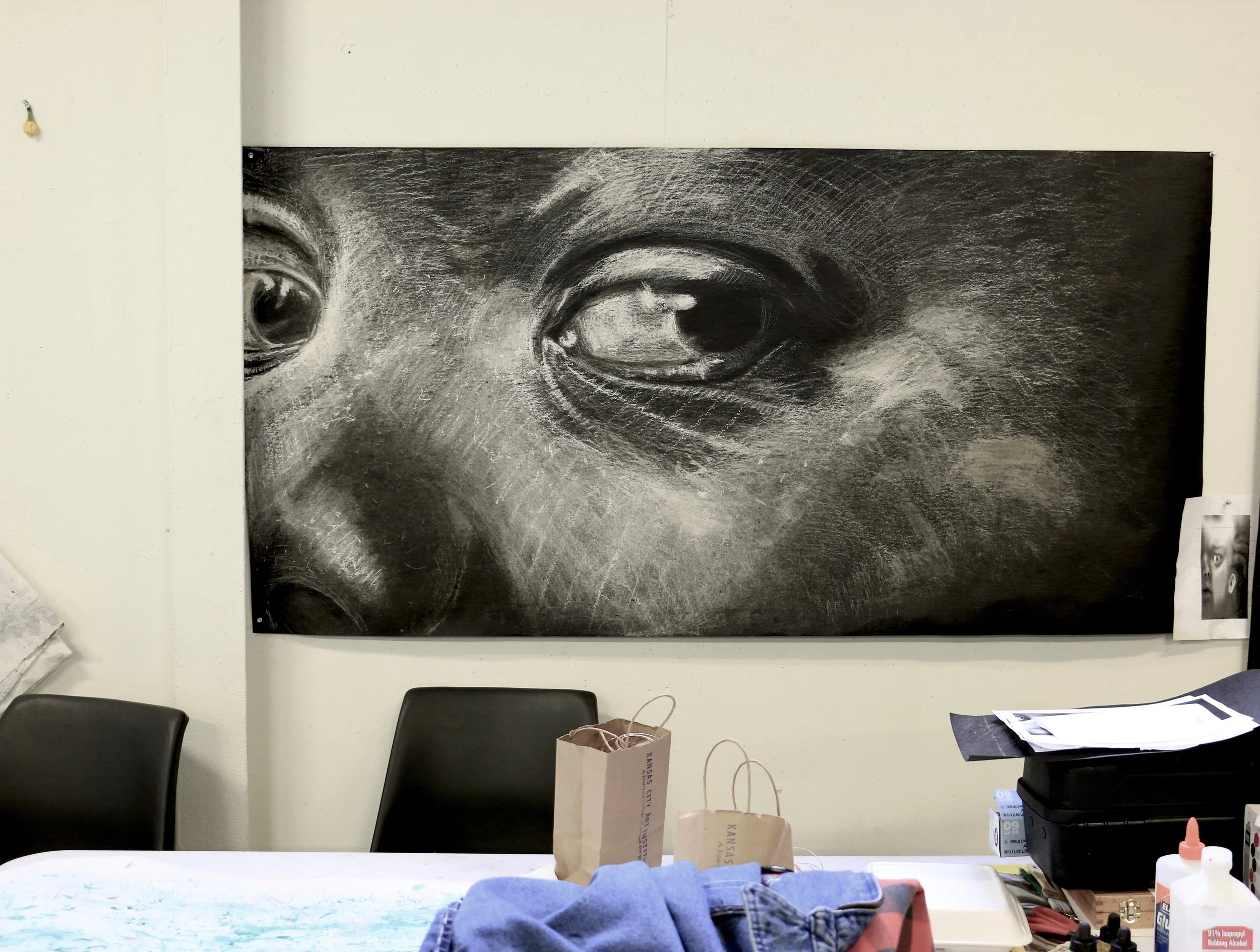 observed self portrait 3' x 6' white chalk on tarpaper