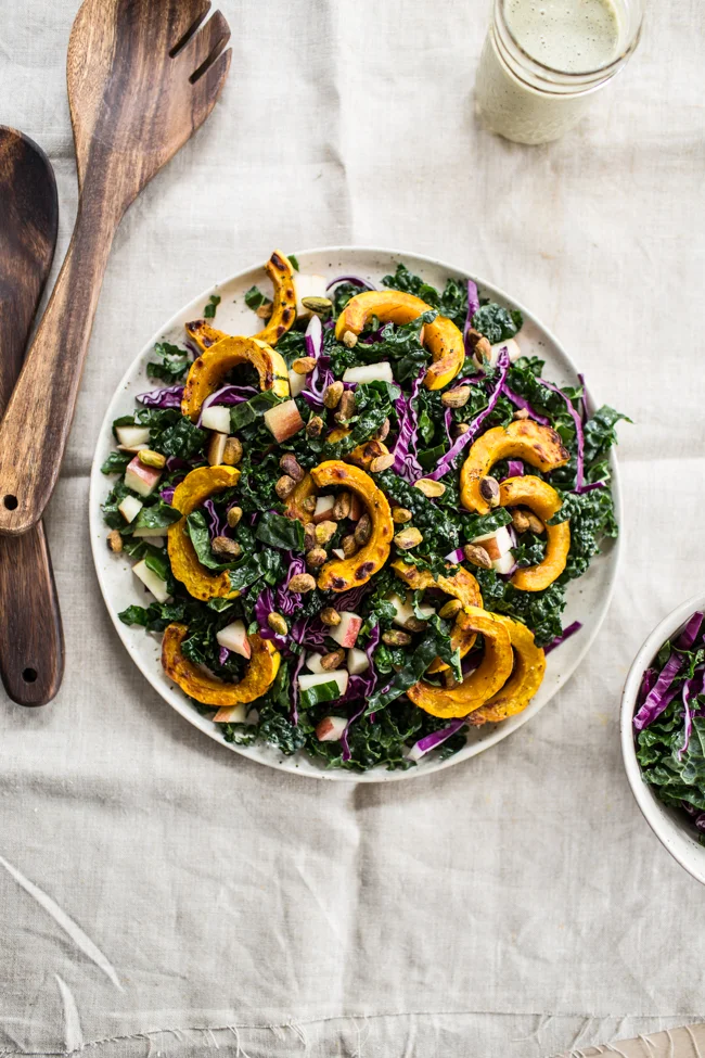 Kale Salad with Roasted Delicata Squash and Orange Maple Hemp Dressing | edibleperspective.com