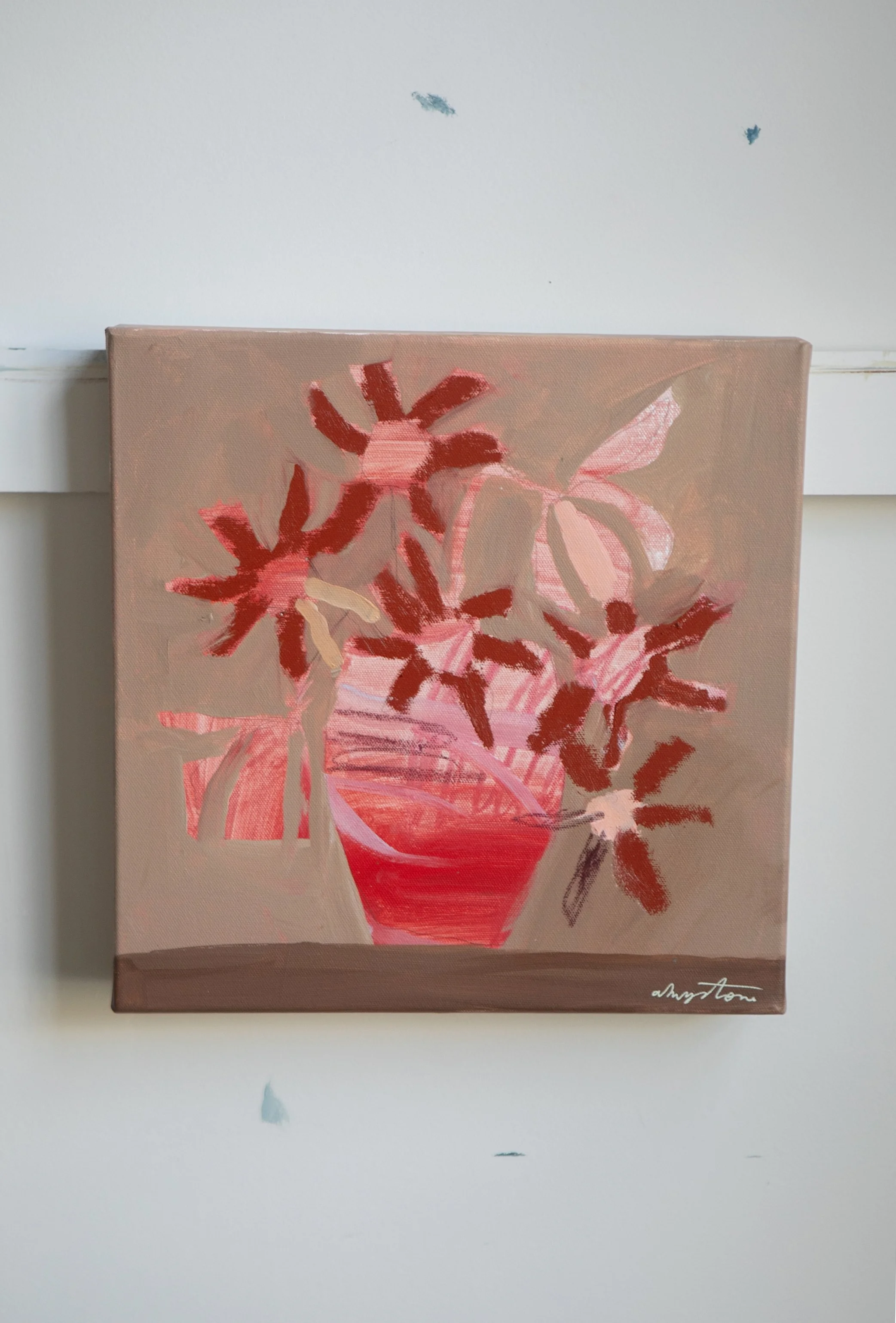 Sister, sister I, pink and brown, 12” x 12”