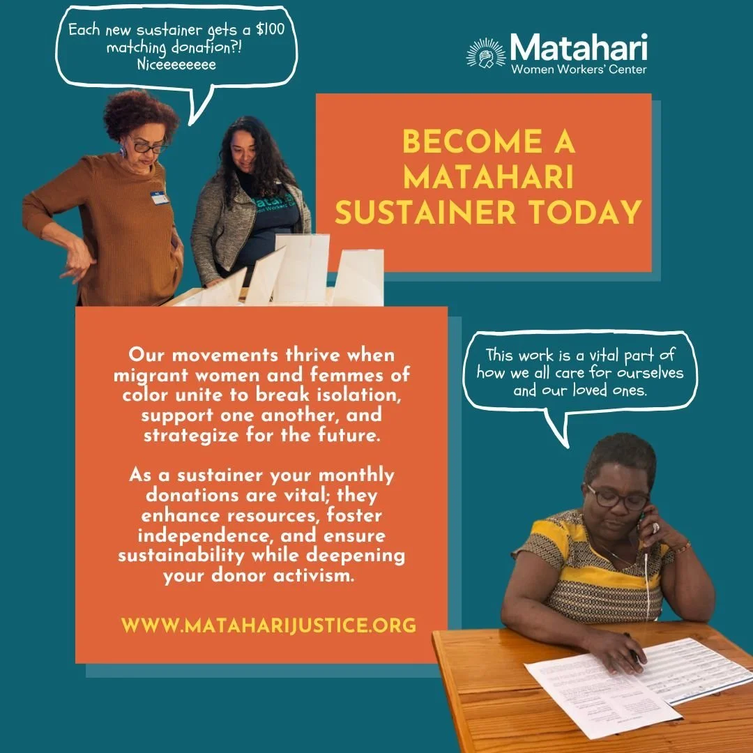 Matahari is building worker power and advocating for domestic and restaurant workers across Massachusetts. By becoming a #SunshineSustainer, you can join the fight for care worker rights. 🌟 

Every monthly sustainer helps create more resources, trai