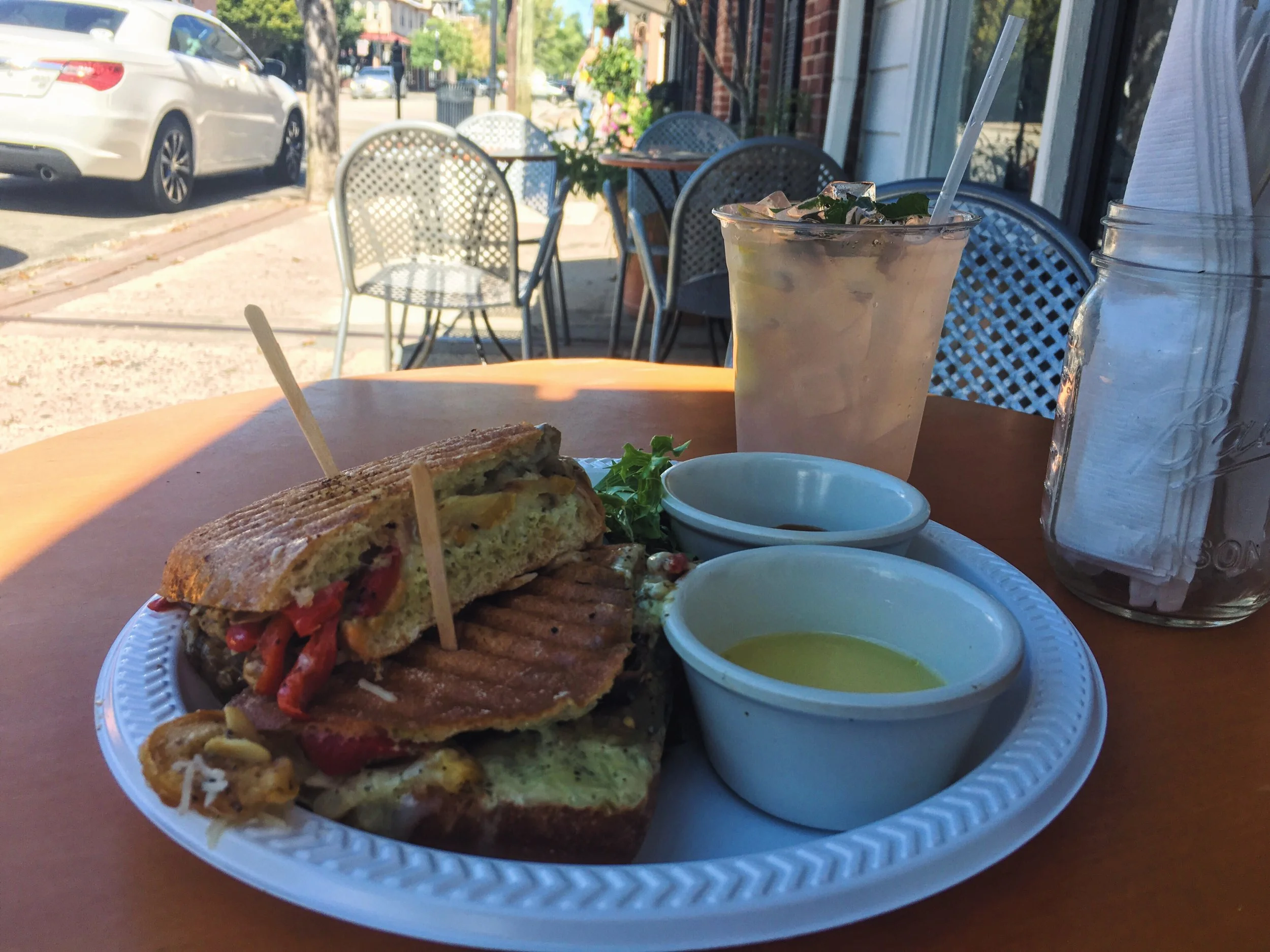The Garden Panini & Rasberry Mint Tea at The Garden Cafe in Media.
