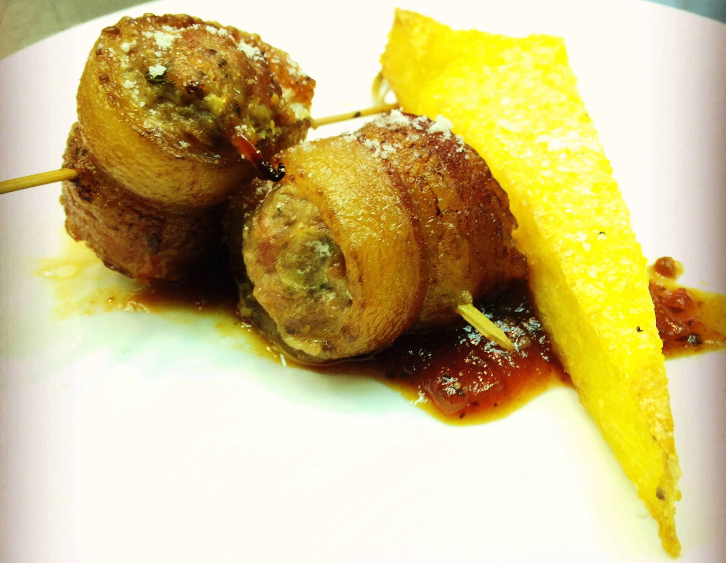 Bacon Wrapped Meatball with Roasted Tomato Glaze and Toasted Polenta Wedge