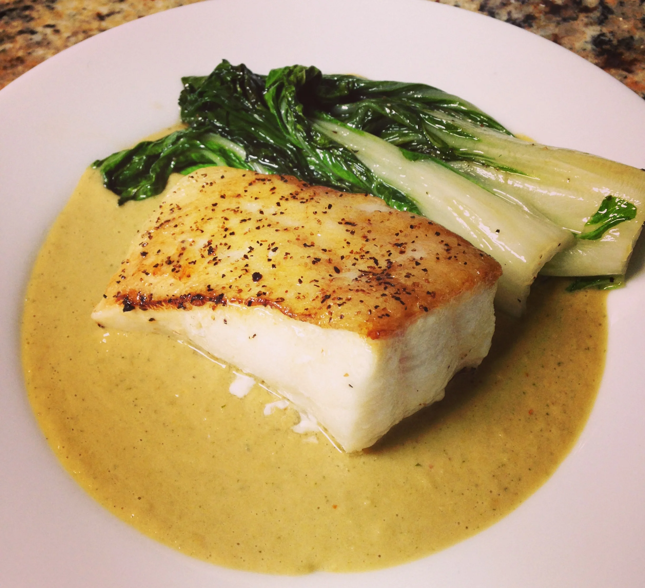 Pan Seared Chilean Sea Bass with Thai Corn Chowder Puree