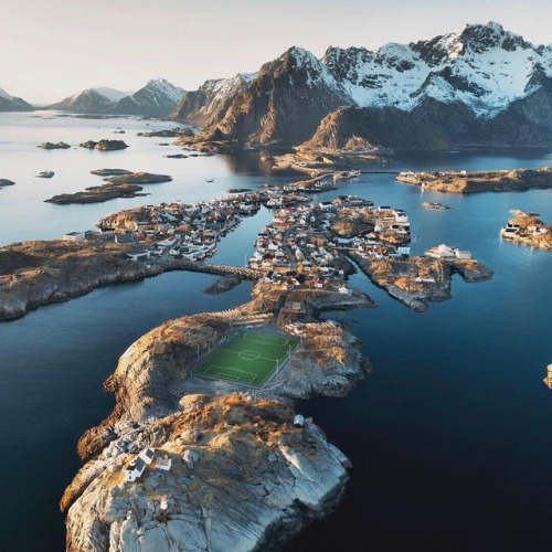 A football field in the Lofoten Islands in Norway. How many balls do you think get lost to the sea? Photo from VisitNorway .