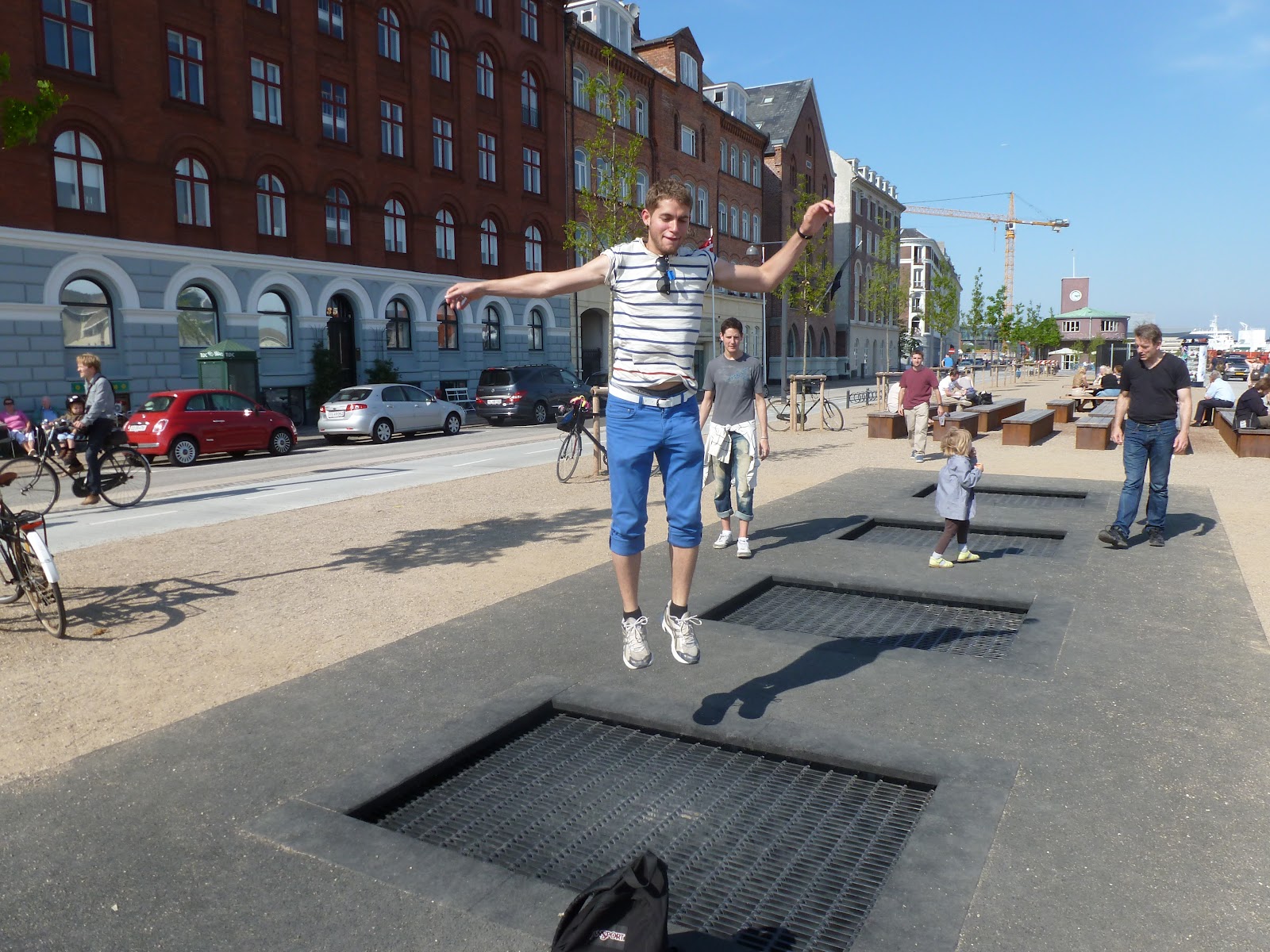 Sidewalk trampolines attracted users of all ages in front of my hotel in Copenhagen.