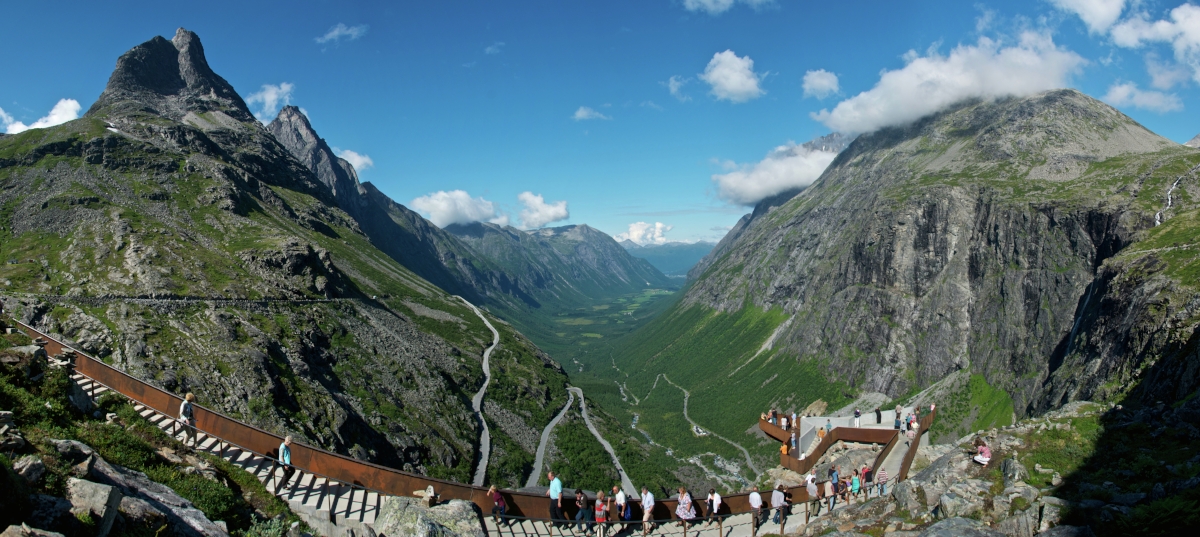 The steps and walkways overlooking Trollstigen (The Trolls Road) mimic the angles of the roads below and blend in with the mountainside.
