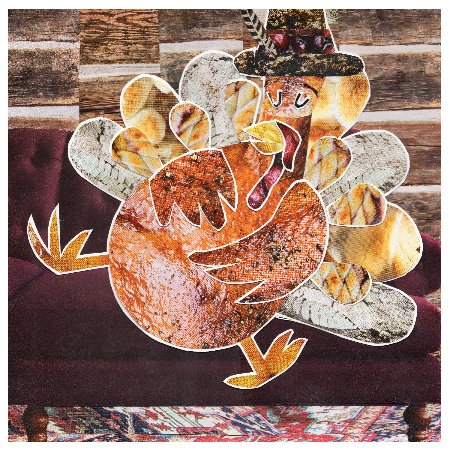 more the merrlier handmade collage art - stuffed turkey thanksgiving greeting card
