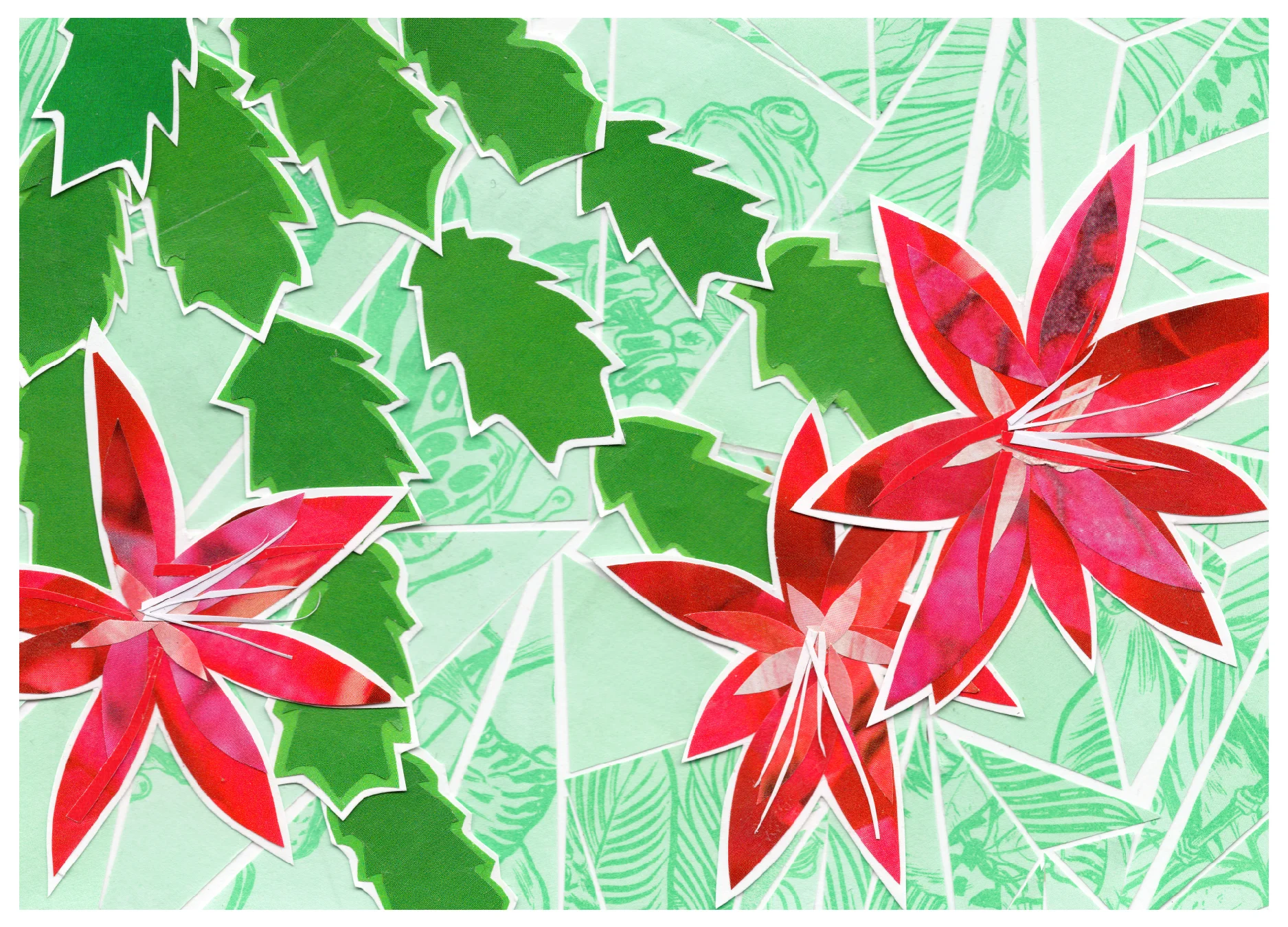 more the merrlier handmade collage art - first day of christmas - christmas cactus plant lover greeting card
