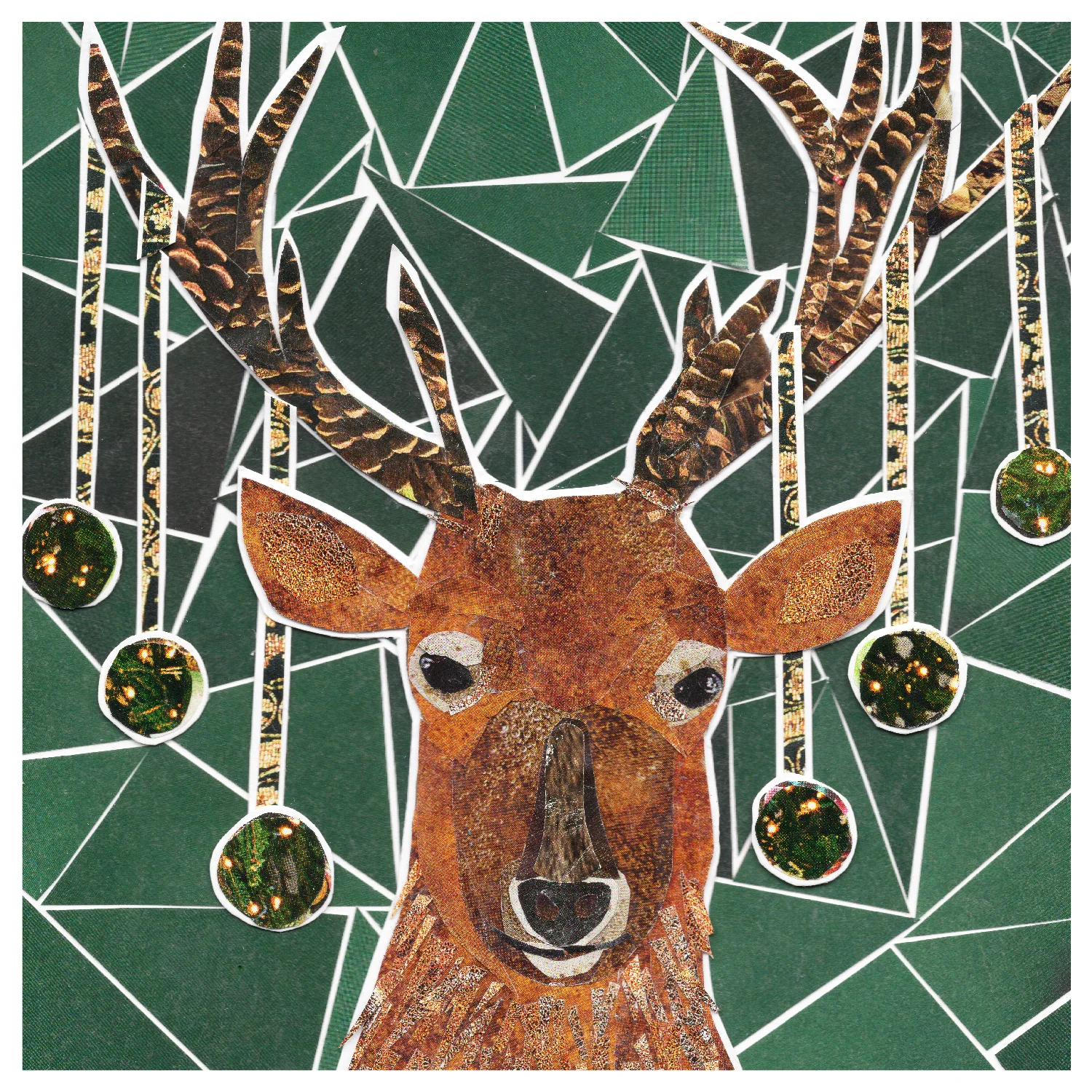 more the merrlier handmade collage art - first day of christmas - deck the antlers elk greeting card